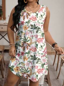 EMERY ROSE 大码女式休闲夏季花卉印花圆领无袖连衣裙，适合夏季 - 彩色 - 查看 6
