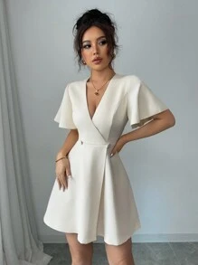 Rafferiza 杏色荷叶边蝴蝶结短袖交叉前短款女式连衣裙 - 杏色 - 查看 5