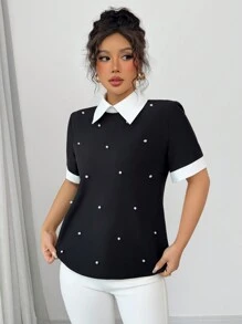 Elenzga Women's Colorblock Studded Collar Short Sleeve Blouse, Spring/Summer