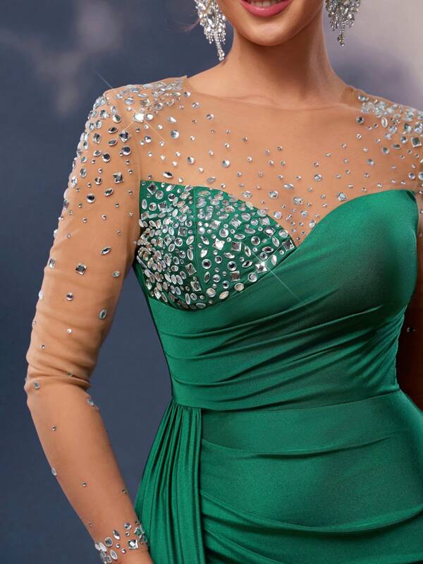 Glamrae Rochie elegantă verde din plasă, transparentă, cu mânecă lungă, luxoasă, cu stras 3D, tiv asimetric în față, rochie de nuntă, potrivită pentru ocazii formale, banchete, gale, rochie de cocktail pentru petrecere