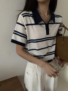DAZY Maglietta casual a maniche corte con colletto polo, a blocchi di colore e righe per le donne
