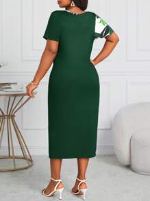 Fleurora Plus Size Floral Print Color Block Ruffle Asymmetrical Hem Round Neck Short Sleeve Bodycon Mini Dress