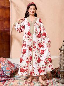 Tween Girls Abaya Kaftan Jalabiya 束腰外衣斋月当地传统保守服装，金色带领花朵宽松度假印花连衣裙 - 彩色 - 查看 5