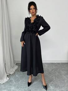 Elenzga Casual Romantic Boho Style Textured Ruffle Trim Women Long Sleeve Midi Dress, Chiffon Fabric' Fall Cloth For Women - Black - View 6