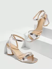 CUCCOO SZL 女士时尚银色金属细带水钻踝带方头中粗跟凉鞋，适合通勤、约会、派对、度假、婚礼 - 銀色 - 查看 5