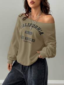 SHEIN EZwear Suéter de una sola manga con estampado de nombre de lugar de tejido informal para mujer, para otoño/invierno