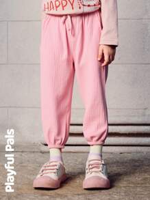 Pantalones casuales lisos de cintura elástica con bolsillo para niñas, para uso diario - Rosa - Ver 3