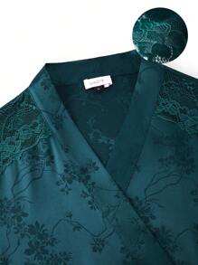 LUVLETTE Grön Silkeslen Satin Retro Elegant Lyxig Blommönster Spetskant Knytband Fram Loungewear Morgonrock Nattklänning Dam Morgonrock & Pyjamasdressing