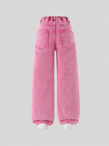 1pc Tween Girls Star Embroidered Straight Leg Pants - Hot Pink - View 2