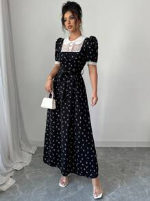 Modelyn 女士编织黑色蝴蝶印花撞色蕾丝短袖荷叶边 A 字腰优雅花卉复古中长连衣裙 - 黑色 - 查看 7