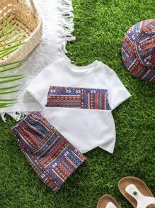 SHEIN Bộ 2 món áo thun cổ tròn màu tương phản thường ngày cho bé trai, quần short và mũ, trang phục 3 món, thích hợp cho mùa xuân hè, mặc ở nhà và ngoài trời, mặc khi đi du lịch và ngày lễ - Đỏ - Xem 5