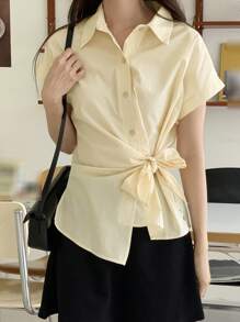 DAZY Women's Solid Color Loose Turndown Collar Short Sleeve Blouse, Yellow, Spring/Summer - Yellow - View 4