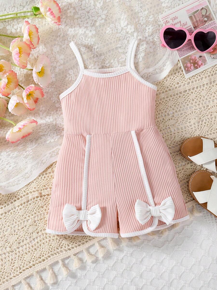 女婴春夏粉色可爱公主蝴蝶结连体衣，时尚女宝宝服装 - 西瓜粉 - 查看 1