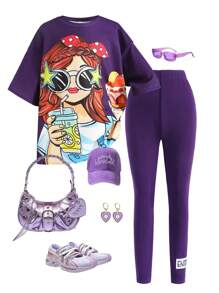 SHEIN Set 2 bucăți Tween Girl: tricou cu mânecă scurtă și pantaloni cu mânecă scurtă, cu imprimeu de portrete, cu decor largi - Violet - Vizualizare 2