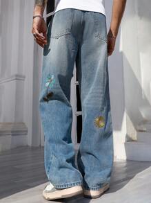 ROMWE MEN Street Life Jeans rectos de ajuste holgado con bordado para hombres - Azul - Ver 2