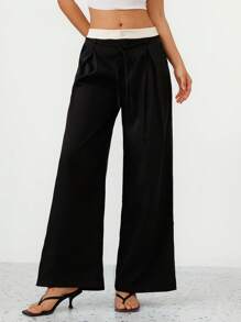Femmeiva Pantalon ample décontracté à jambes larges et longueur extra-longue, avec plis et nœud à la taille. Design simple et élégant en couleur contrastée, polyvalent pour les déplacements - Noir - Voir 4