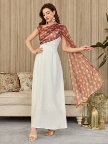 Modelyn Women Asymmetrical Collar Retro Print High-Low Hem Elegant A-Line Dress - White - View 5