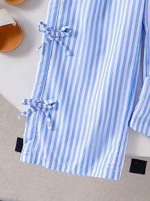 SHEIN 年轻女孩针织吊带背心条纹拼布连体裤，收腰宽松直筒裤，休闲夏日度假装 - 藍色 - 查看 4