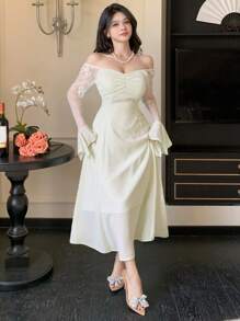 DAZY Spring Elegant Lace Patchwork Pleated Ruffle Sleeve Mid-Length Dress For Women Prom Dress,Fall Dress Long Sleeve Dress - Beige - View 4