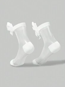 ROMWE Kawaii 1pair Rabbit Ear Design Mid-Calf Socks, Cute Bowknot Glass Stockings For Women, JK Style - White - View 4