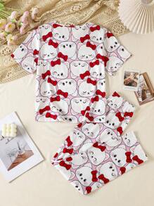 2 件可爱猫咪和心形图案女童睡衣套装 - 彩色 - 查看 2