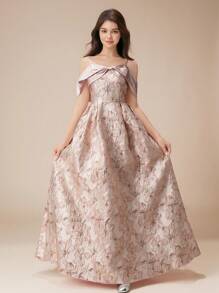 Teen Girls High-End Off Shoulder Spaghetti Strap Jacquard Patchwork Glossy Bow A-Line Long Dress, Flower Girl Ball Gown Pageant Formal Party - Pink - View 6