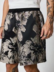 ROMWE MEN Goth Men's Front Tie Waist Print Splice Casual Shorts, Daily Leisure Wear Vacation