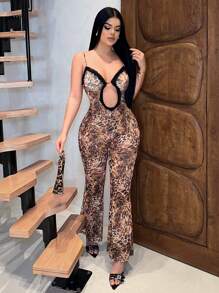 SHEIN SXY Women's Solid Color Splicing Spaghetti Strap Casual Slim Romper,Leopard Print,Club Outfits Women Sexy,Going Out,Gyaru,Spring,Summer - Multicolor - View 4