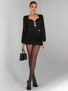 Glamine Glamine Valentine's Day Retro Simple & Elegant See-Through Spliced ​​Sleeves Solid Color Women's Long-Sleeved Heart Neckline Blouses Cut-Out Pearls Bow-Detail Corset Top In Black