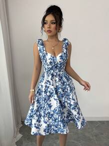 Elenzga 女士优雅日常清新蓝色花卉紧身 A 字形吊带连衣裙 - 藍色 - 查看 5