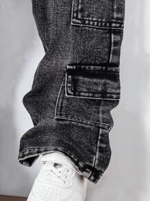 男孩幼儿宽松直筒双口袋洗水黑灰色牛仔裤，休闲百搭校园风格