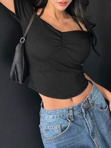 DAZY 女士纯色露肩吊带短袖修身休闲上衣，露脐短款露肩上衣