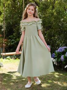 SHEIN Tween Girls Elegant Sage Green Summer Party Dress,Strapless Off Shoulder Tulle Puff Sleeve Bow Formal Short Dresses For Vacation Spring Wear - Green - View 9