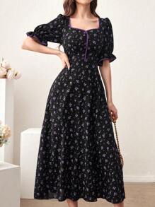 Mulvari Vestido casual corto con cuello de corazón, con botones delanteros y ribete de color contrastante para mujer