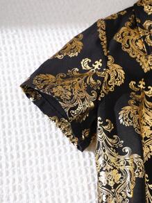 SHEIN 男童休闲金箔印花 Polo 领短袖衬衫和短裤套装，适合日常穿着、夏季、休闲、派对、日常、学校、旅行、聚会 - 黑色 - 查看 4