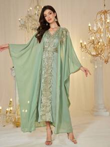 Layrah Custom Sequin Embroidered Splice Loose Luxury 2 Pieces Dress Set For Women, Modest Kaftan - Green - View 1