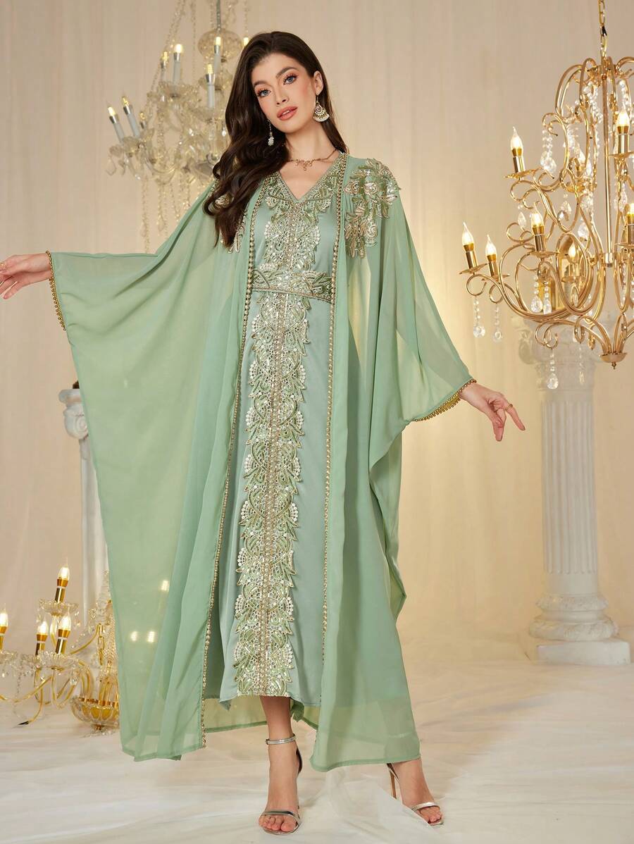 Layrah Custom Sequin Embroidered Splice Loose Luxury 2 Pieces Dress Set For Women, Modest Kaftan - Green - View 1