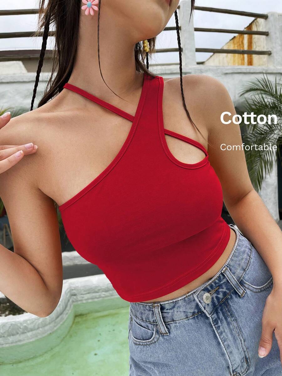 SHEIN EZwear Top ajustada de color rojo cereza con cuello asimétrico para el verano - Burdeos - Ver 1