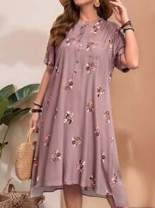 Rusticease Plus Size Vacation Casual Floral Print Button-Front Mini Dress, Suitable For Summer,Flower/Spring - Dusty Pink - View 3