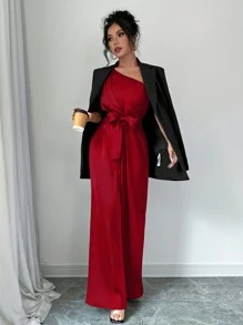 SHEIN PETITE 优雅、日常休闲、斜肩款式、松紧腰带、缎面材质、女式连体裤/连身裤适合派对、日常约会、情人节、节日穿着 - 紅色 - 查看 4