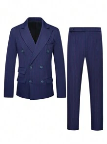 Calvornis Manfinity Bizformal 男士翻领双排扣西装外套和长裤两件套西装套装，男士西装，男士休闲西装，男士正装西装 - 藏蓝色 - 查看 3