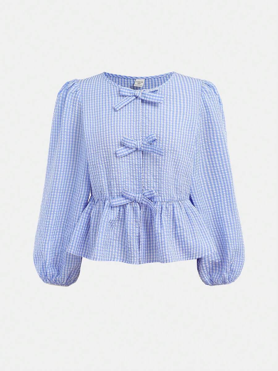 SHEIN 青少年女孩夏季/春季圆领长袖休闲假日衬衫带蝴蝶结装饰，女士可爱蝴蝶结、结饰、荷叶边下摆长袖圆领宽松常规蓝色主教袖荷叶边衬衫，休闲日常穿着 - 藍白色 - 查看 1