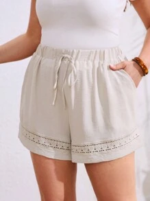 SHEIN LUNE Women's Casual Woven Solid Elastic Waist Bowknot Floral Trim Pocket Loose Plus Size Shorts, Summer - Apricot - View 6