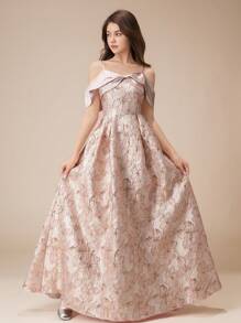 Teen Girls High-End Off Shoulder Spaghetti Strap Jacquard Patchwork Glossy Bow A-Line Long Dress, Flower Girl Ball Gown Pageant Formal Party - Pink - View 7