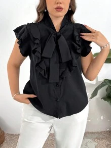 SHEIN Privé Plus Size Women Elegant Versatile Ruffled Sleeve Solid Color Open Front Shirt, Suitable For Work, Casual, Tea Party, Date, Concert, Party, Beach Photography