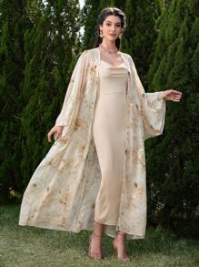 Modelyn 女士阿拉伯风格花卉印花礼服和连衣裙套装 米色连衣裙 奢华婚礼晚礼服 女士两件套 女士夏季服装 奶油黄色 花卉，端庄 - 彩色 - 查看 1