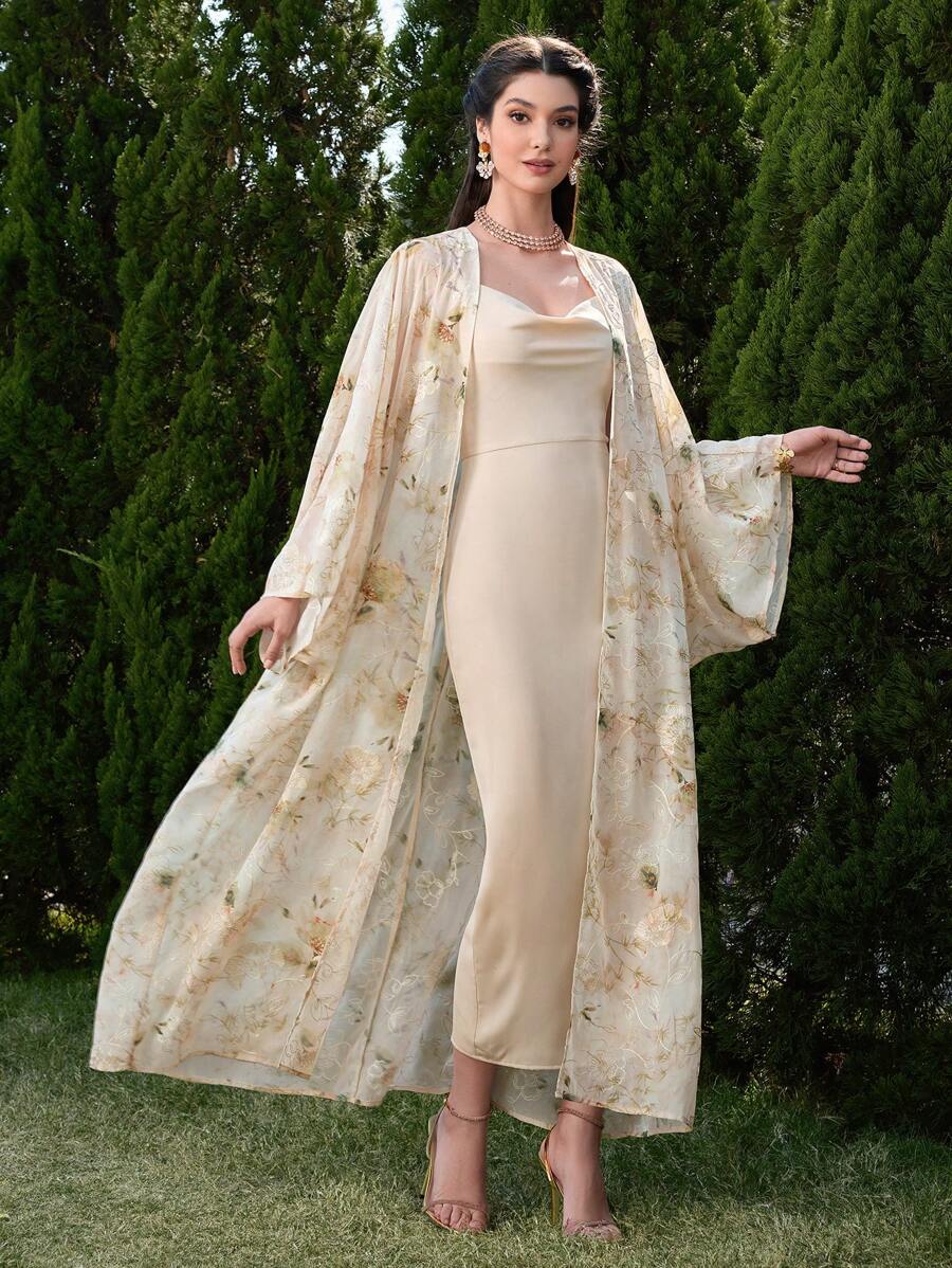 Modelyn 女士阿拉伯风格花卉印花礼服和连衣裙套装 米色连衣裙 奢华婚礼晚礼服 女士两件套 女士夏季服装 奶油黄色 花卉,端庄 - 彩色 - 查看 1