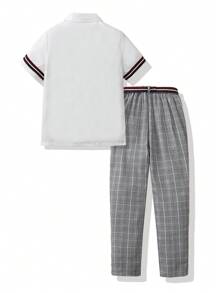 SHEIN 青少年男孩绅士两件套：带缎带饰边的衬衫 + 裤子 + 领结，无配饰，适合生日派对、婚礼、毕业典礼、周年纪念的正式服装 - 白色 - 查看 2