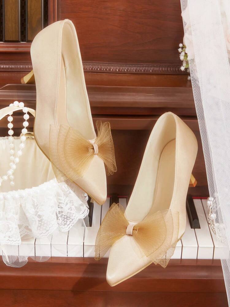 CUCCOO HITCHD Fashionable & Elegant Gold Bowknot Stilettos, Suitable For New Year, Valentine's Day, Bride, Party, Wedding, Dating, Vacation And Other Occasions Spring Shoes Spring Break Easter Prom Heels