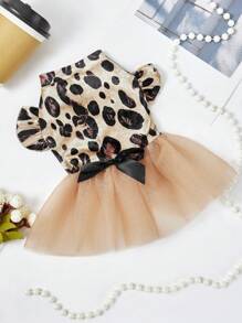 PETSIN 1 件天鹅绒豹纹和网眼薄纱宠物狗/猫连衣裙，通用款宠物服装